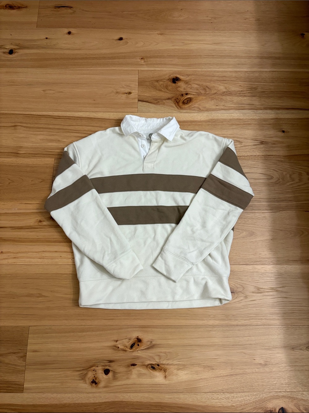 American Eagle Outfitters White Rugby Pullover with Tan Stripes